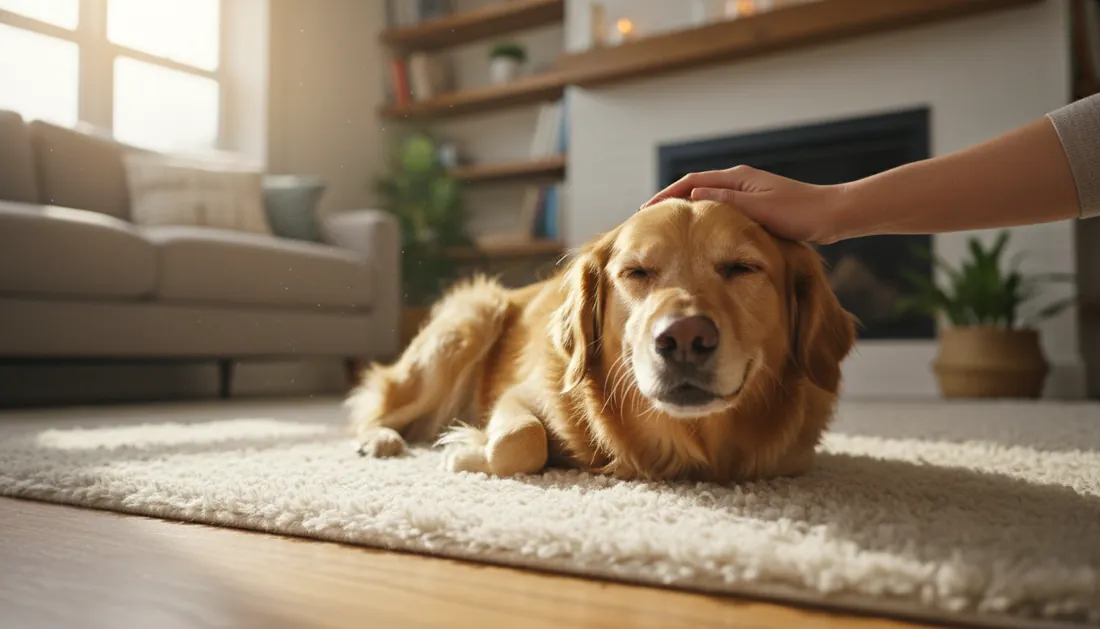 A golden retriever relaxing while getting a gentle head scratch at home