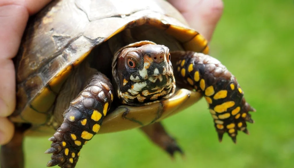 A pet box turtle held gently in someone's hands